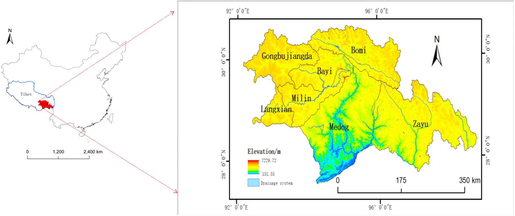 Figure 1 
                  Map of studied areas in Nyingchi.
               