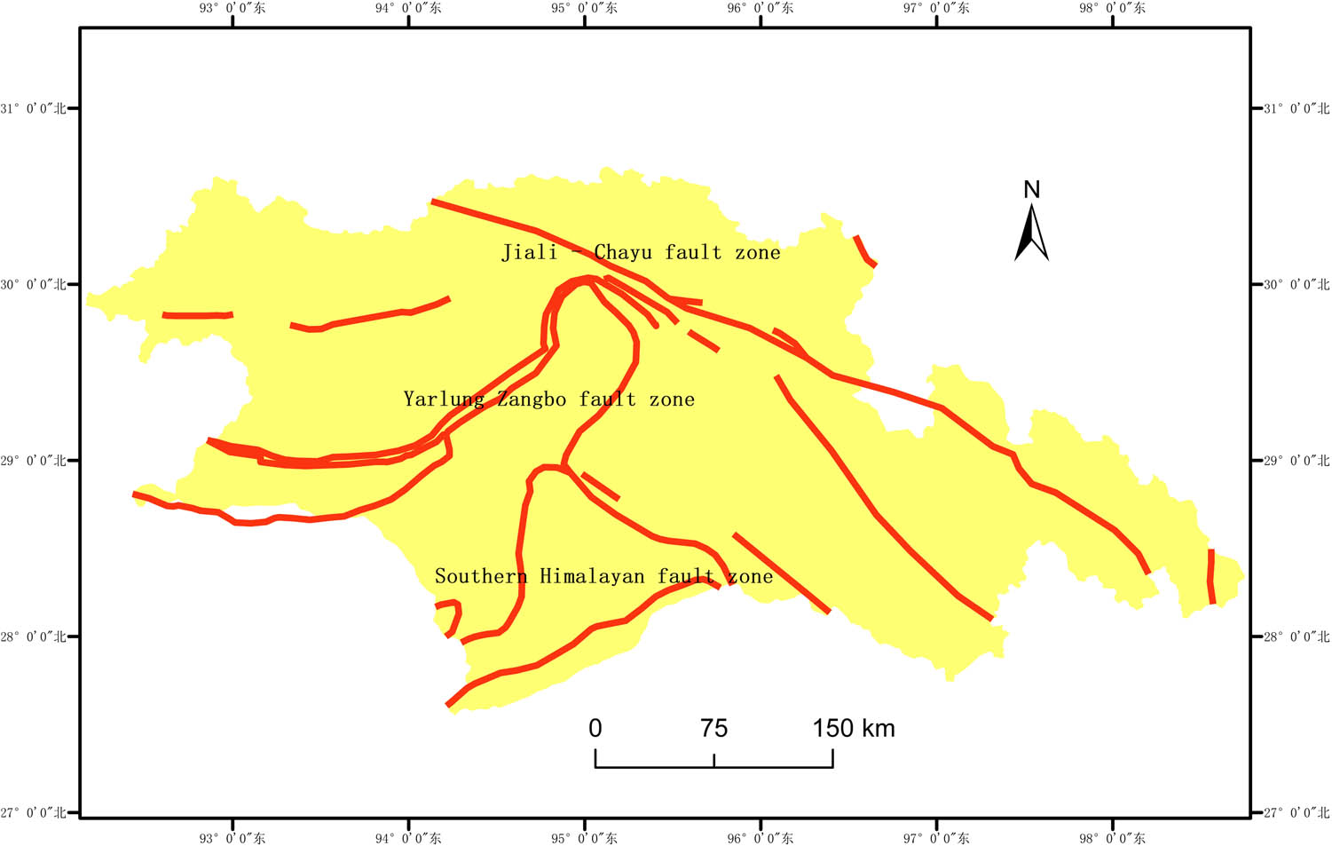 Figure 2 
                  Map of Nyingchi fault zone.
               