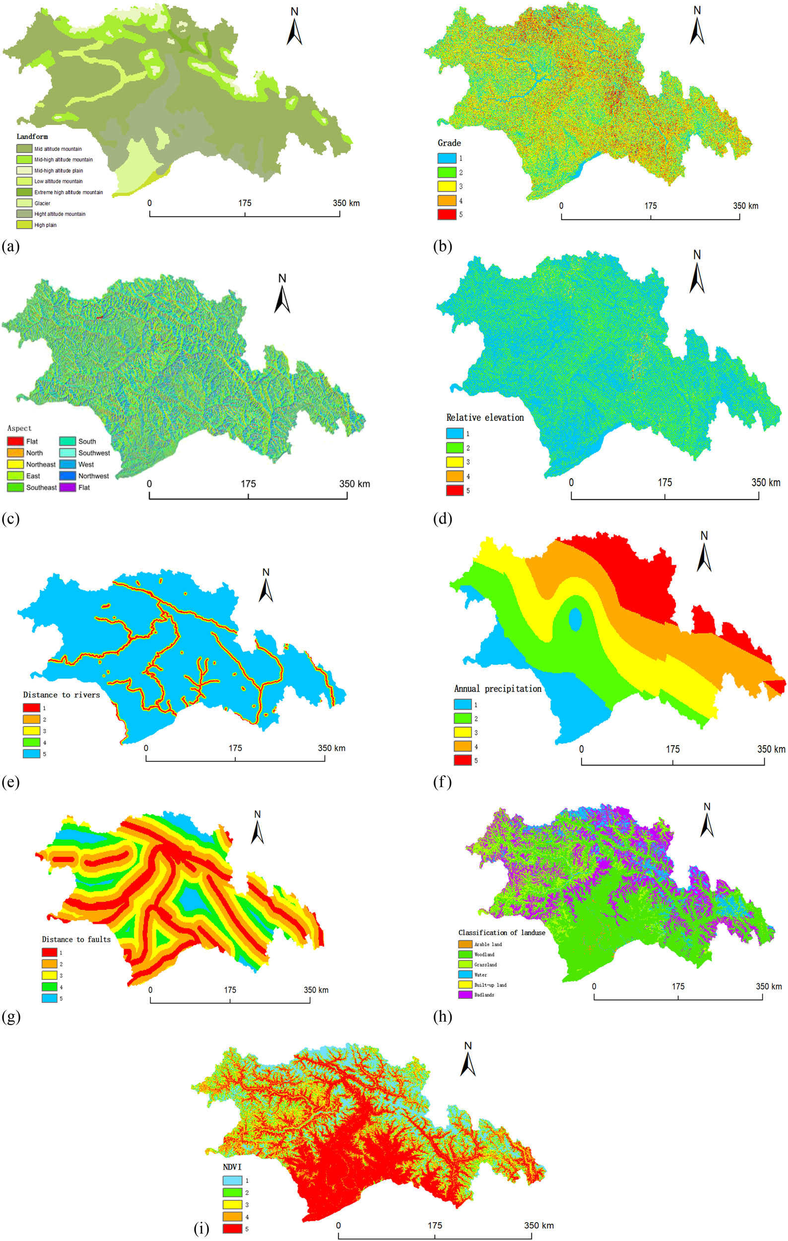 Figure 8 
                  (a) Landform. (b) Grade. (c) Aspect. (d) Relative elevation. (e) Distance to rivers. (f) Annual precipitation. (g) Distance to faults. (h) Classification of land use. (i) NDVI.
               