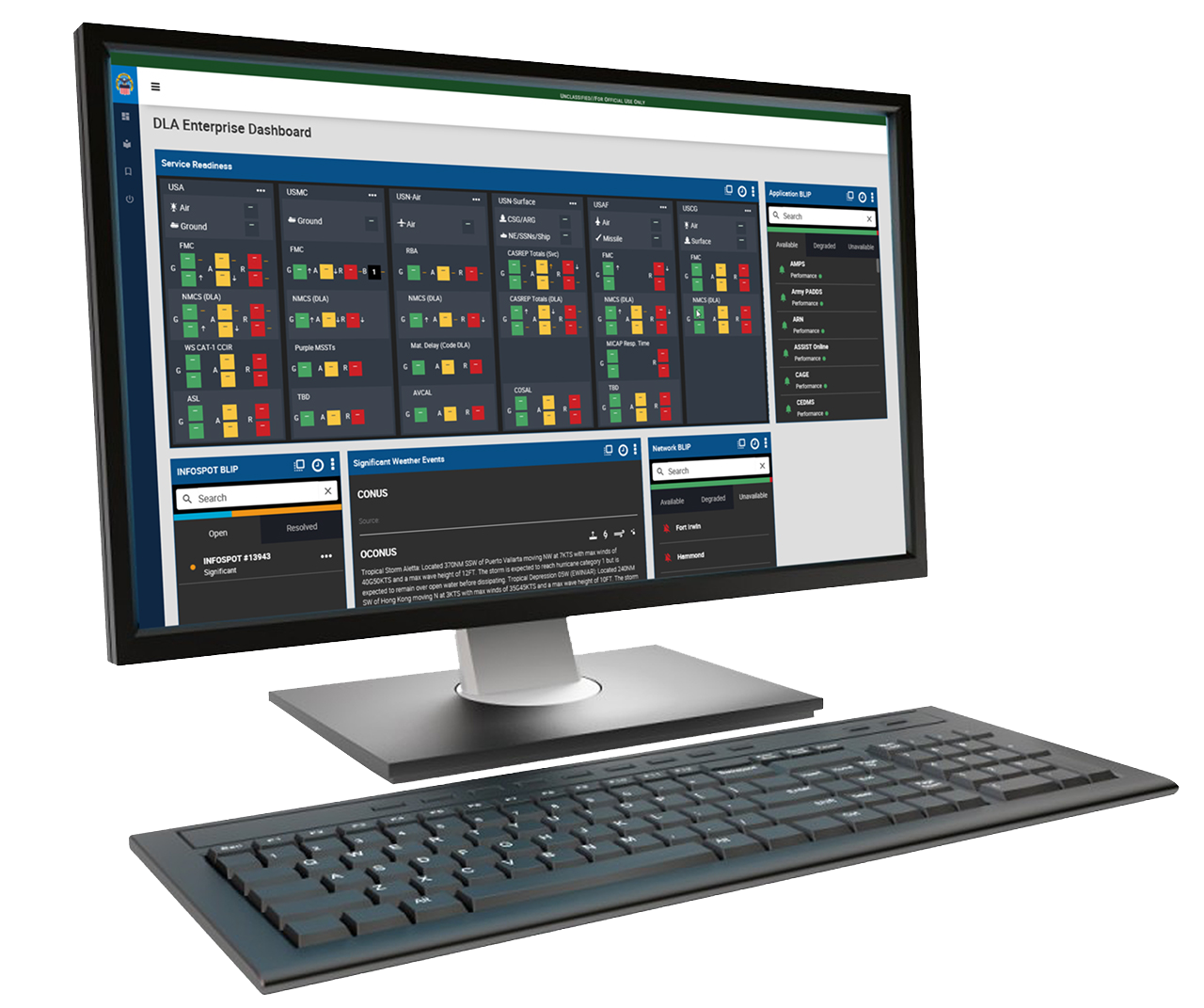 A graphic showing a computer with the DLA Dashboard application