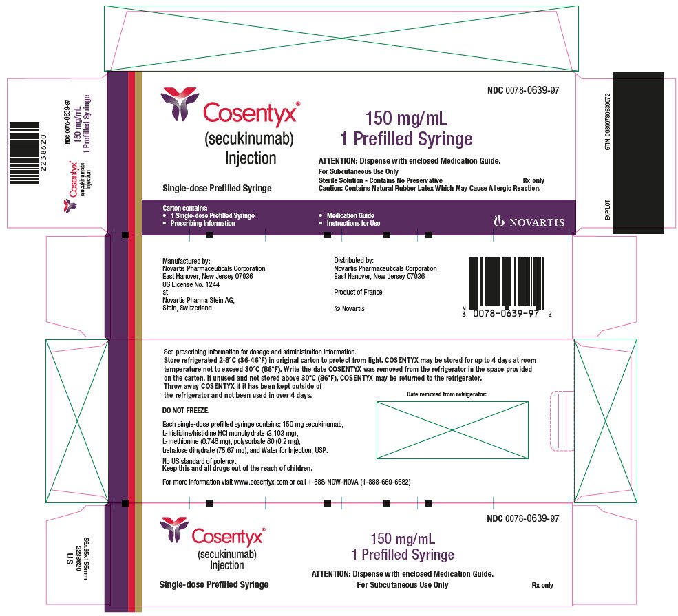 PRINCIPAL DISPLAY PANEL
								NDC 0078-0639-97
								Rx only
								Cosentyx®
								(secukinumab)
								Injection
								Single-dose Prefilled Syringe
								150 mg/mL
								1 Prefilled Syringe
								ATTENTION: Dispense with enclosed Medication Guide.
								For Subcutaneous Use Only
								Sterile Solution - Contains No Preservative
								Caution: Contains Natural Rubber Latex Which May Cause Allergic Reaction.
								NOVARTIS