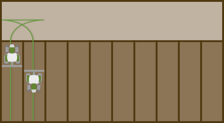 Grafik des automatischen K-Turn Wendevorgang. Zwei Traktoren verdeutlichen anhand einer grünen Linie den automatischen Vorgang.