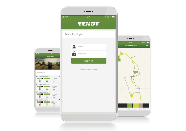 El smartphone de la izquierda muestra la pantalla para el consumo de combustible de las máquinas, al lado la pantalla del medio muestra el inicio de sesión para la App de Fendt y la pantalla de la derecha muestra las líneas de pasada de las máquinas.