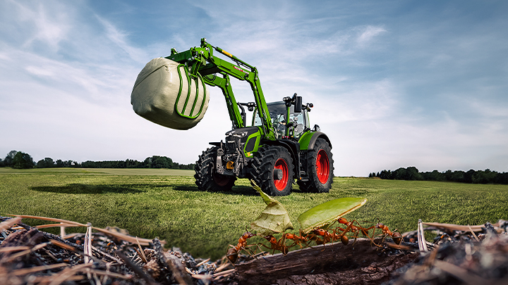 Un tractor Fendt 600 Vario se para en el campo y levanta una paca de silo. En primer plano se ven hormigas.