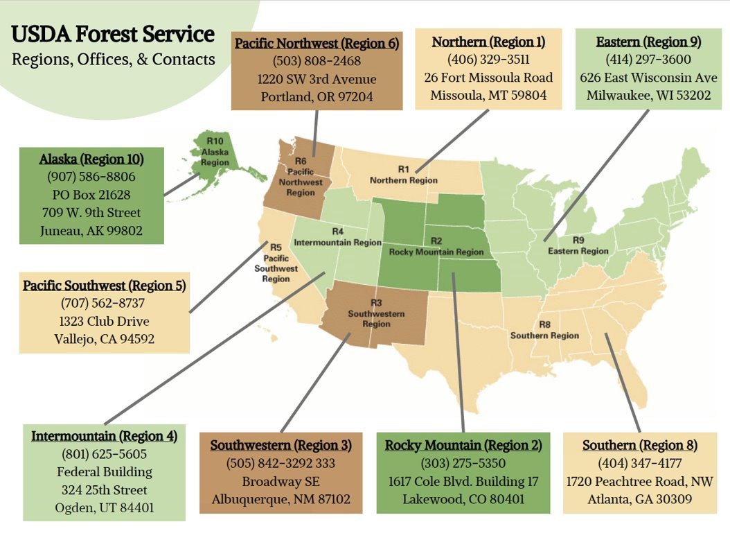Illustrated map of the United States of America showing the locations and contact information for each Forest Service region.