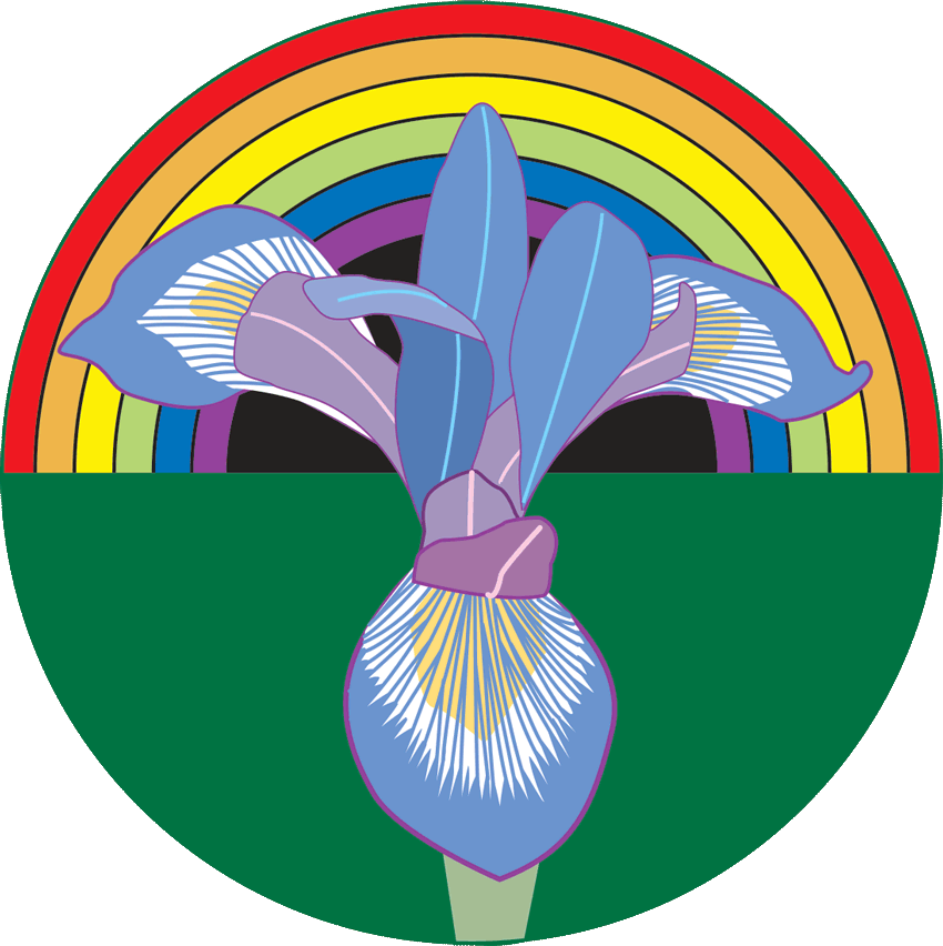 Graphic of an iris with a circular rainbow background.