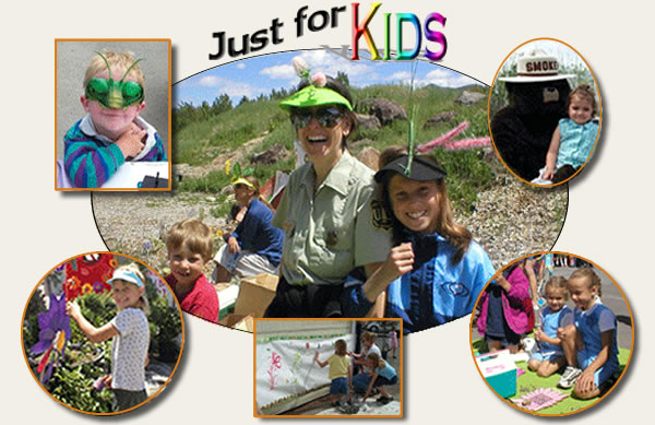 Collection of pictures showing kids with bug masks, sitting with Smokey Bear, and doing learning activities.