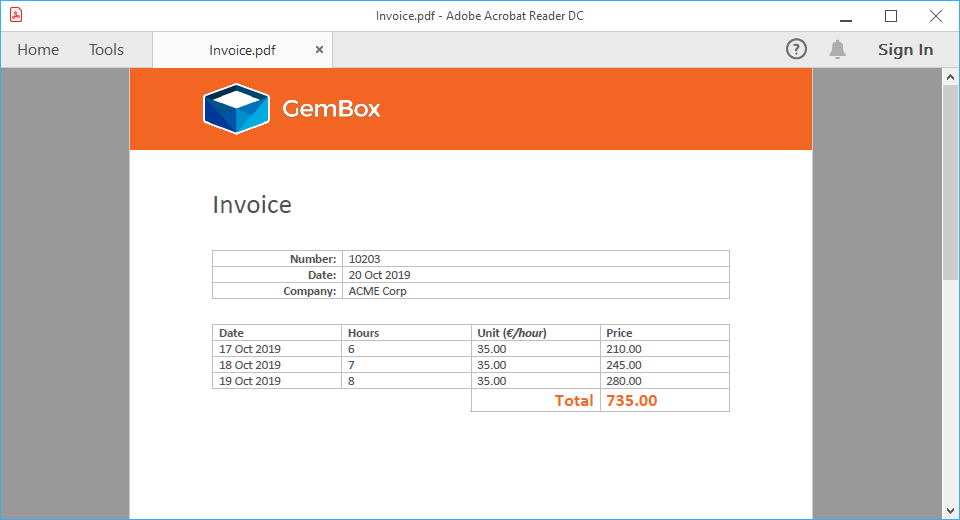 Screenshot of created PDF file that's exported from ASP.NET application Generated PDF document from template Word document in ASP.NET Web Forms demo application