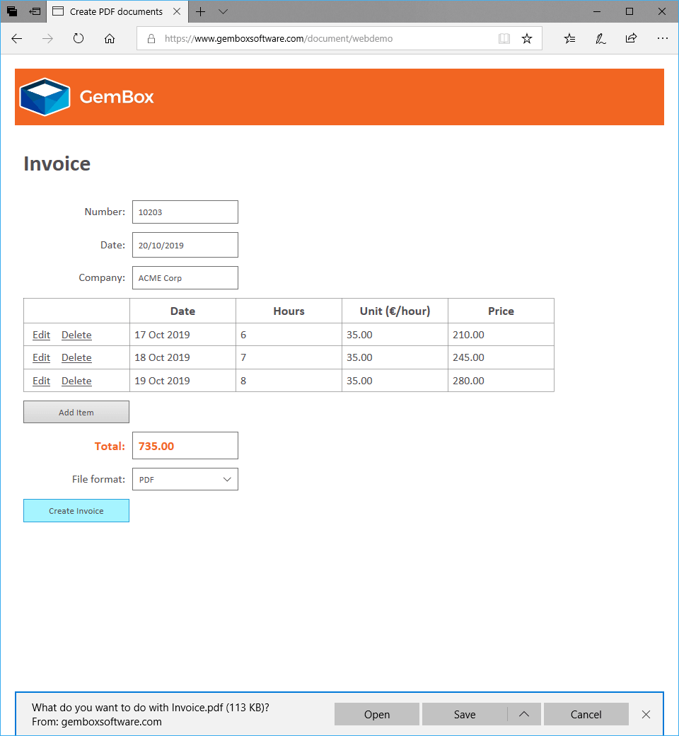 Screenshot of Default.aspx page and submitted web form Sending form data from default page of ASP.NET Web Forms demo application