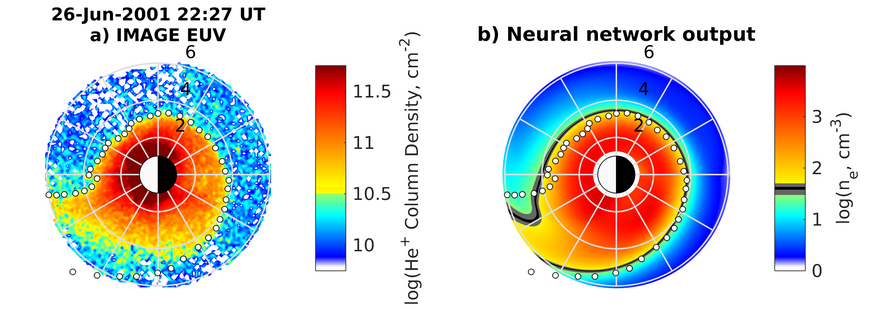 Comparion of mesurements and predicitons of our machine learning model for the plasma density in the plasmasphere