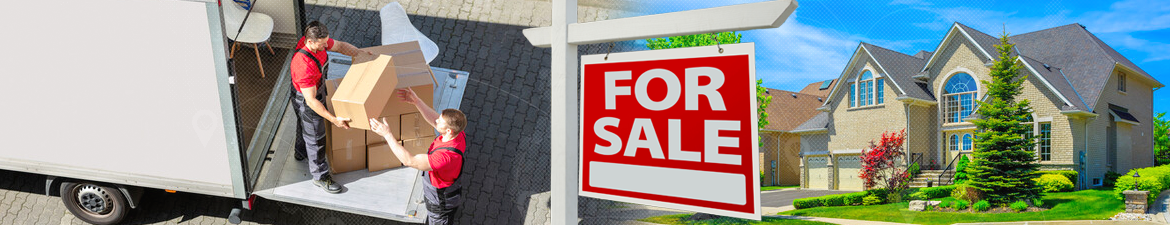 Photo showing a stock image of a moving company and a house with a for sale sign. 