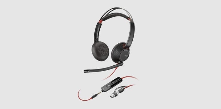 Poly Blackwire 5220 noise cancelling wired stereo headset showing inline controls and USB-A connector