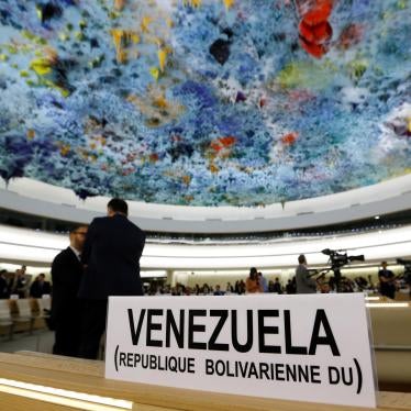 The name plate at Venezuela’s desk at the Human Rights Council in Geneva, Switzerland. Venezuela was denied another term on the council on October 11, 2022.