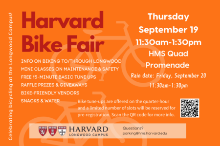 Harvard Longwood Bike Fair 2024 flyer - Thursday, September 19. 11:30am-1:30pm. HMS Quad Promenade