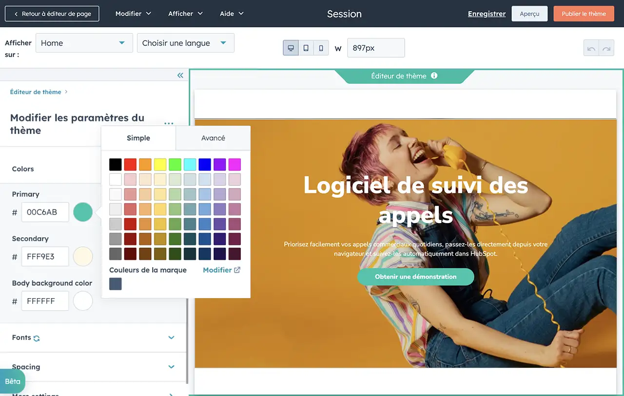 Logiciel de CMS de HubSpot affichant l'éditeur visuel