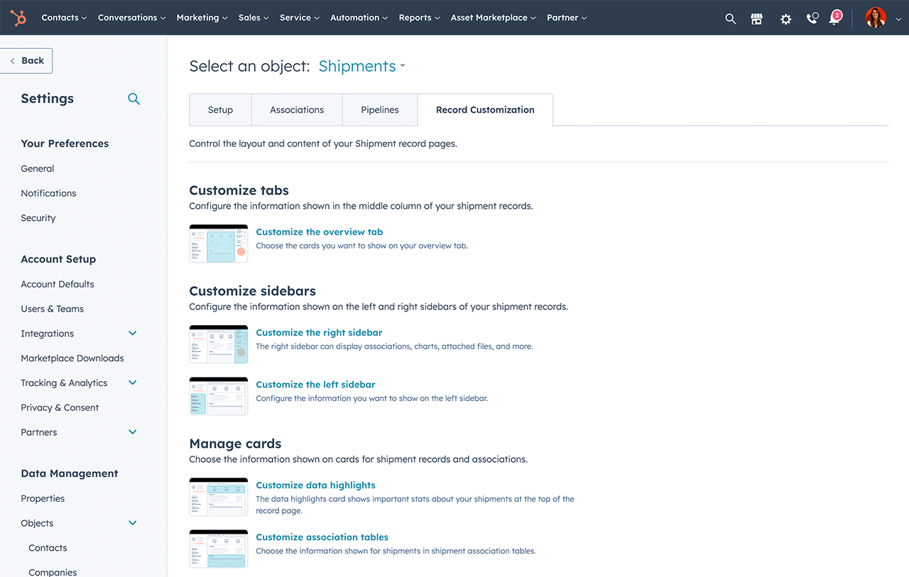 View of the setting windows to configure custom objects