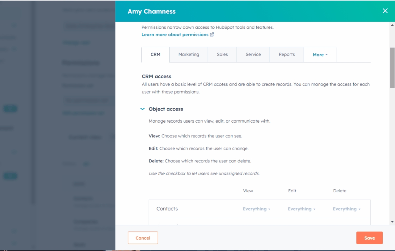 HubSpot product screenshot showing where users can control access to various HubSpot tools