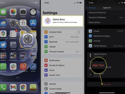 The Settings app, Apple ID, and Sign Out button in iOS