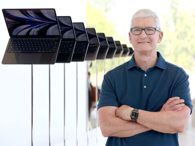Portrait of Tim Cook next to Apple laptops