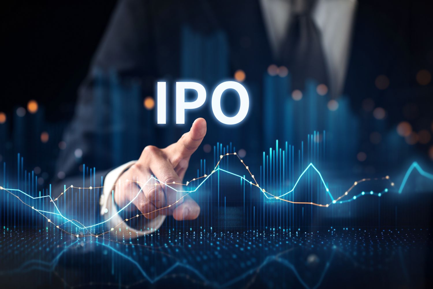Business person in a suit pointing to IPO text
