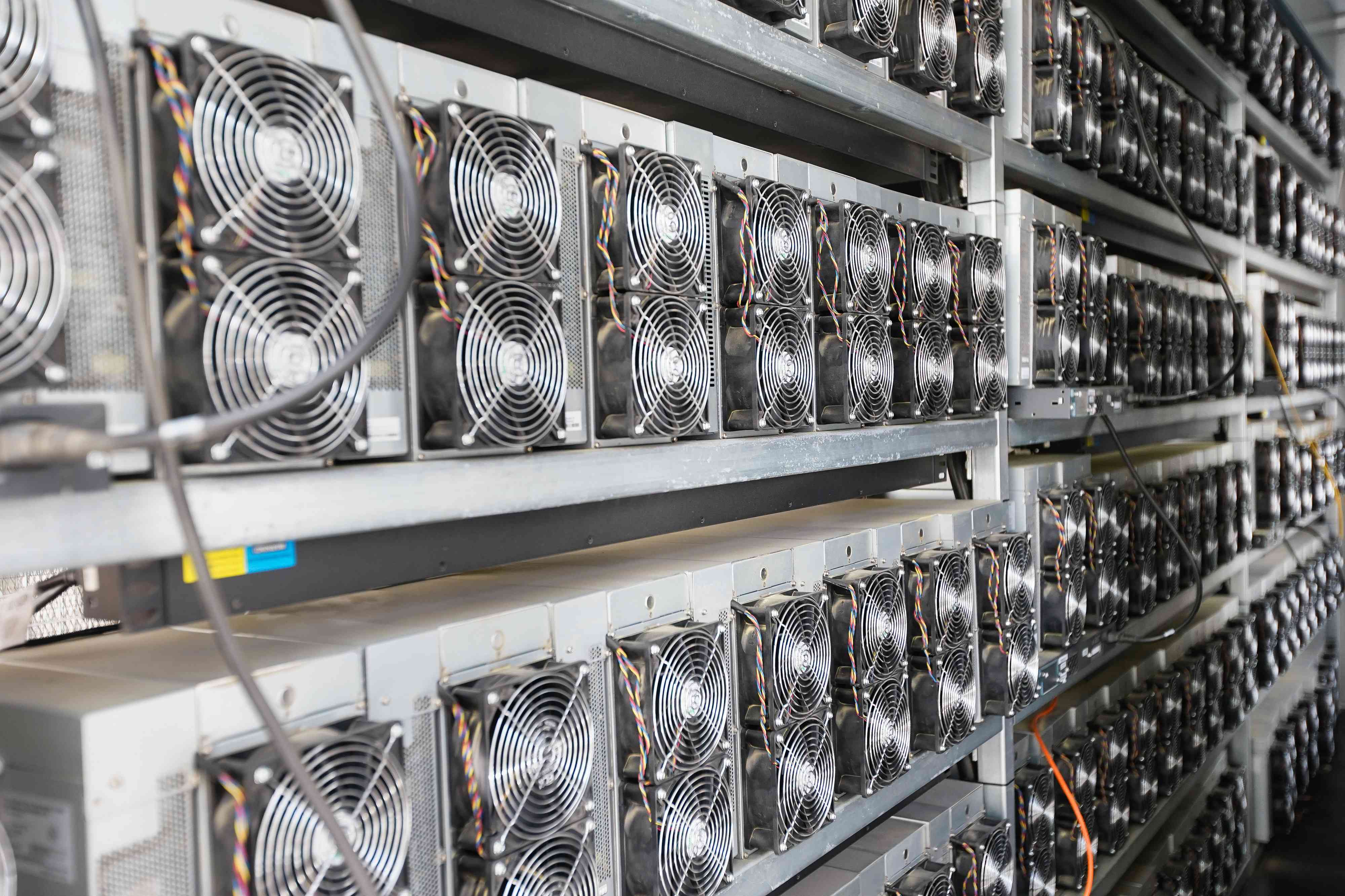 An array of bitcoin mining units is pictures inside a container at a CleanSpark facility in College Park, Georgia.