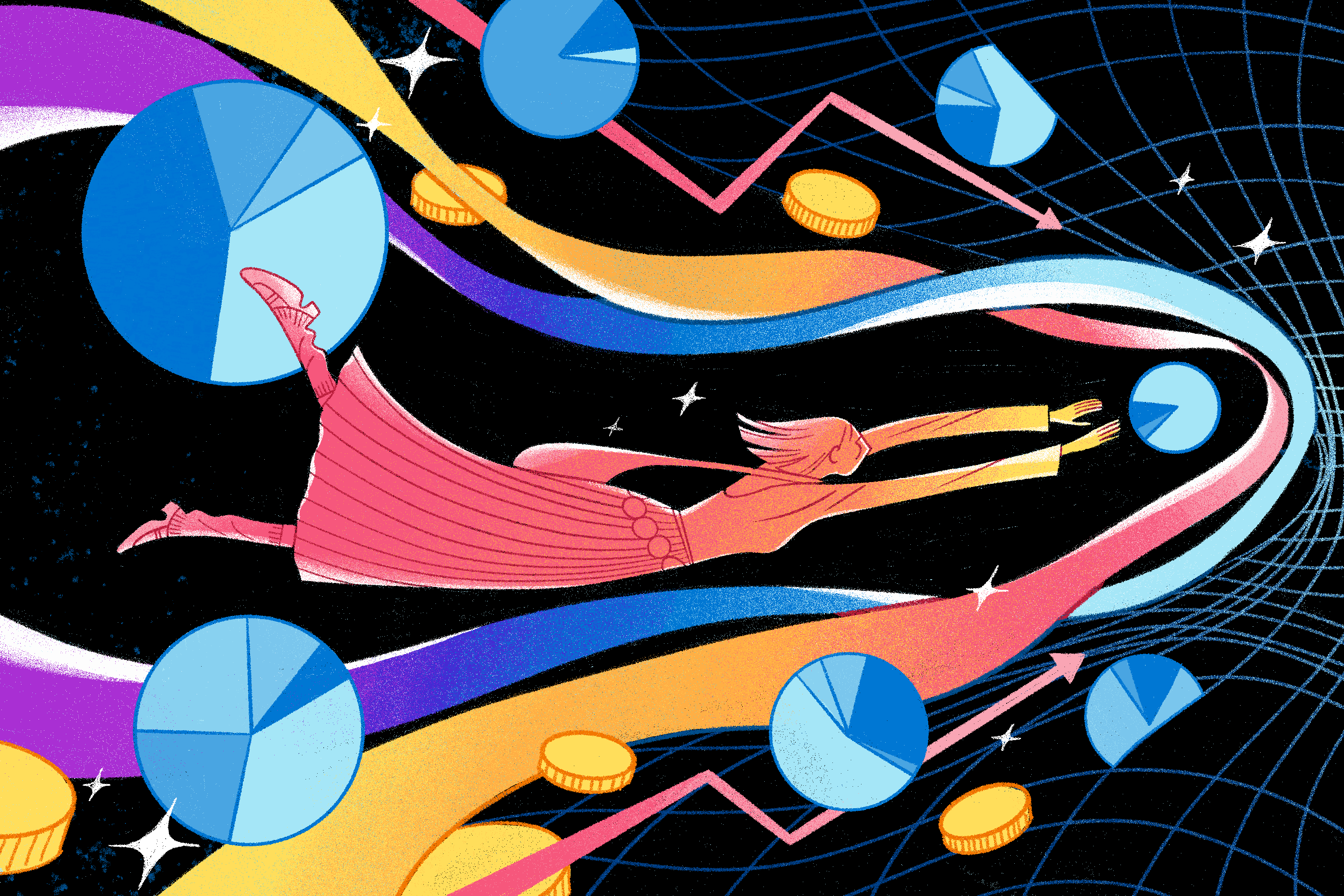 Illustration of a woman flying through space while surrounded by coins, pie charts, and stock tickers. 