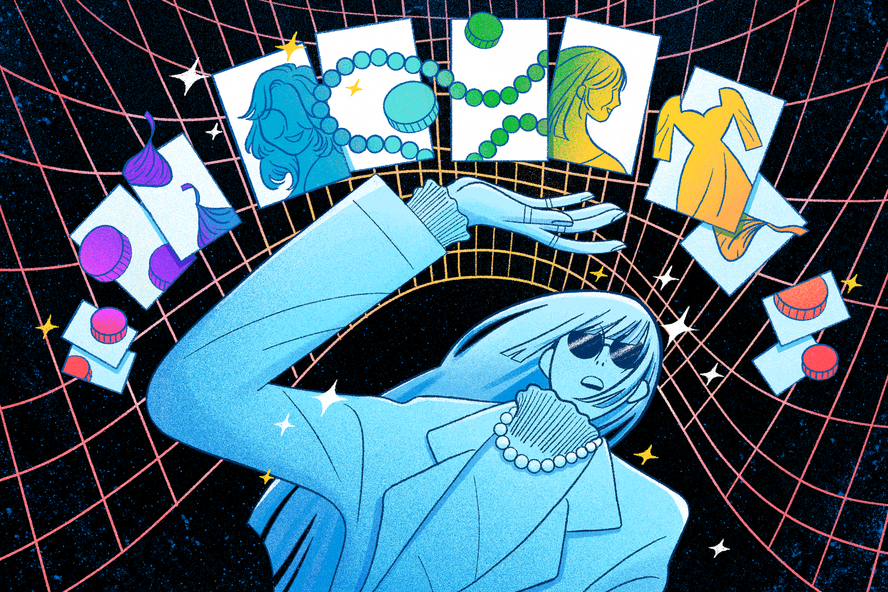Illustration of a woman admiring cards with different icons of businesses on them.