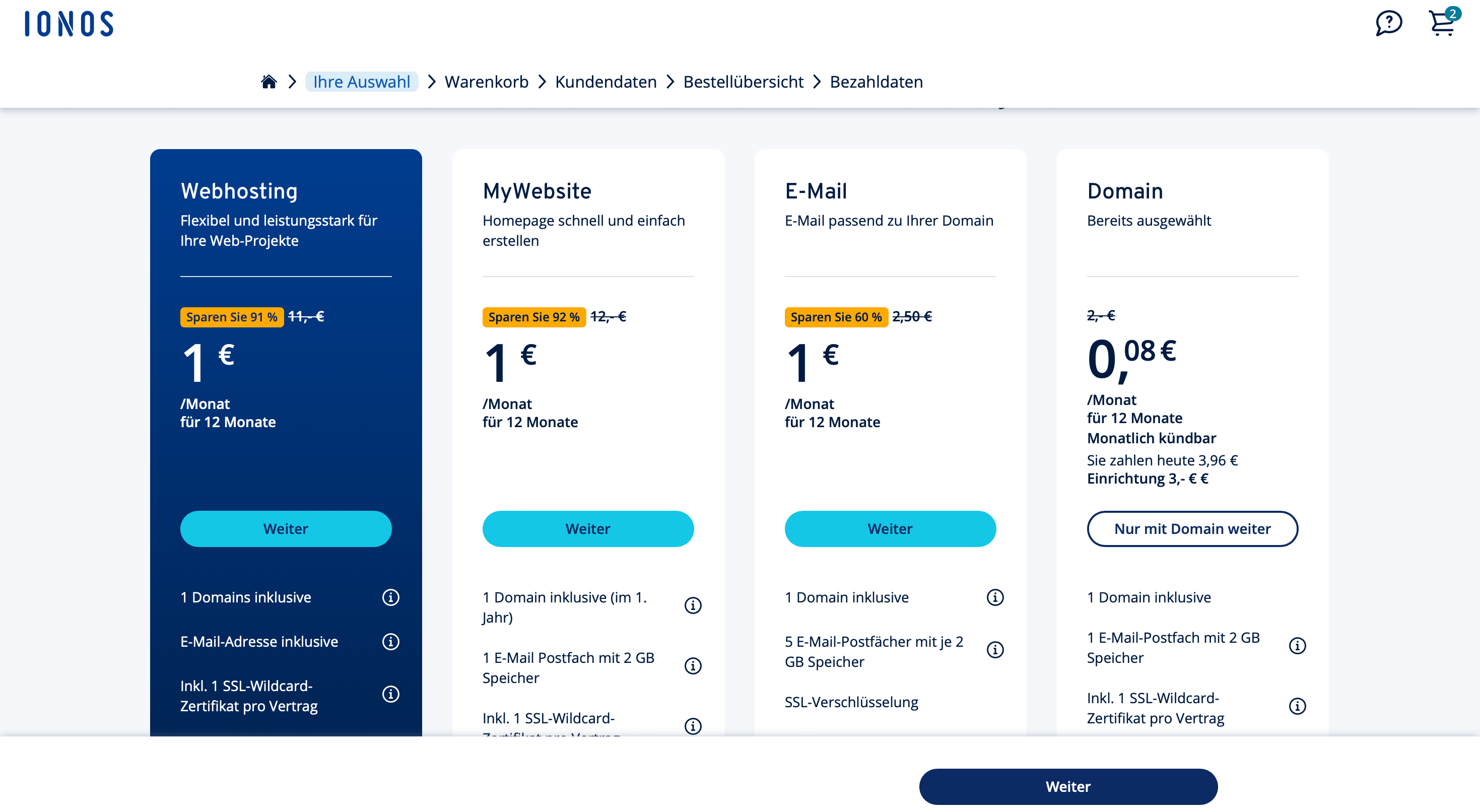 Screenshot der Produktauswahl bei IONOS Bild: Screenshot der Produktauswahl bei IONOS