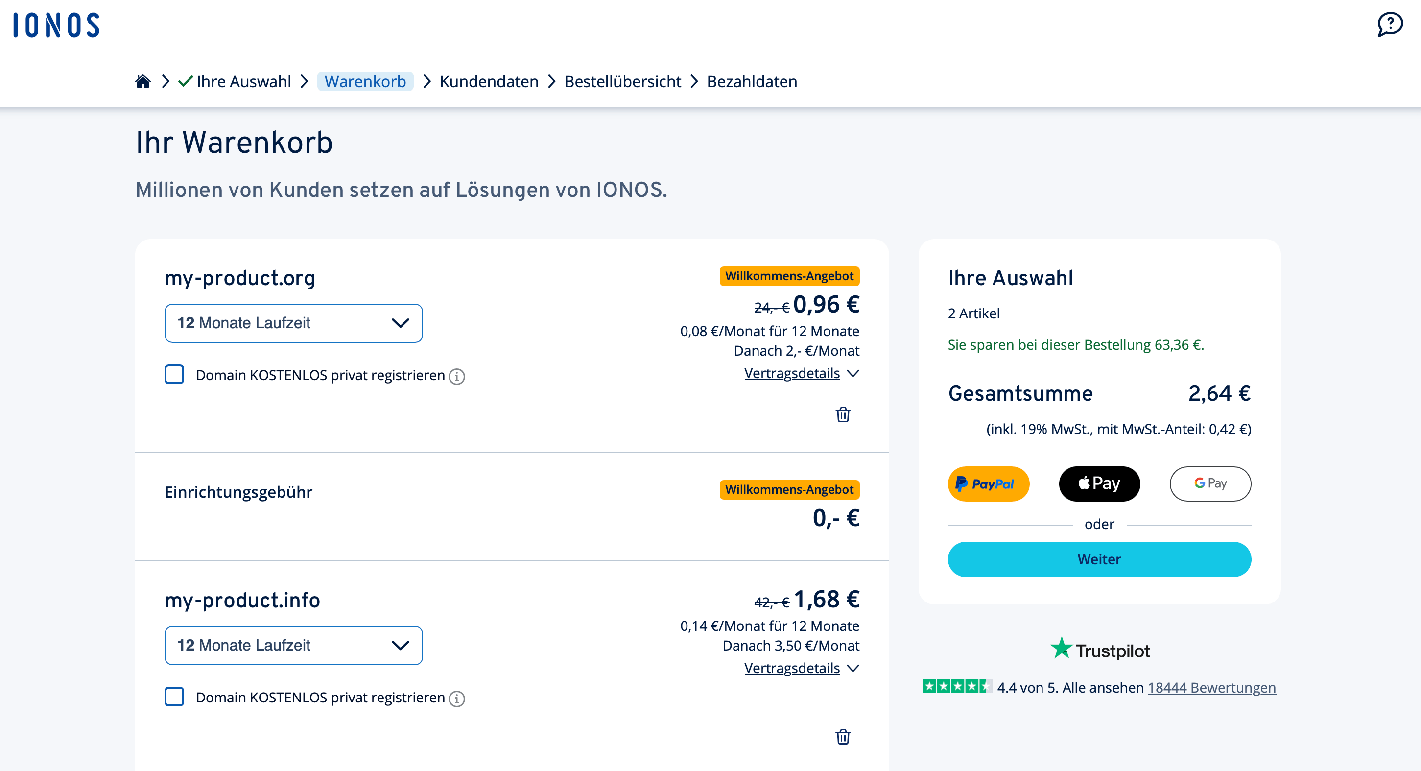 Screenshot des Warenkorbs bei IONOS Bild: Screenshot des Warenkorbs bei IONOS