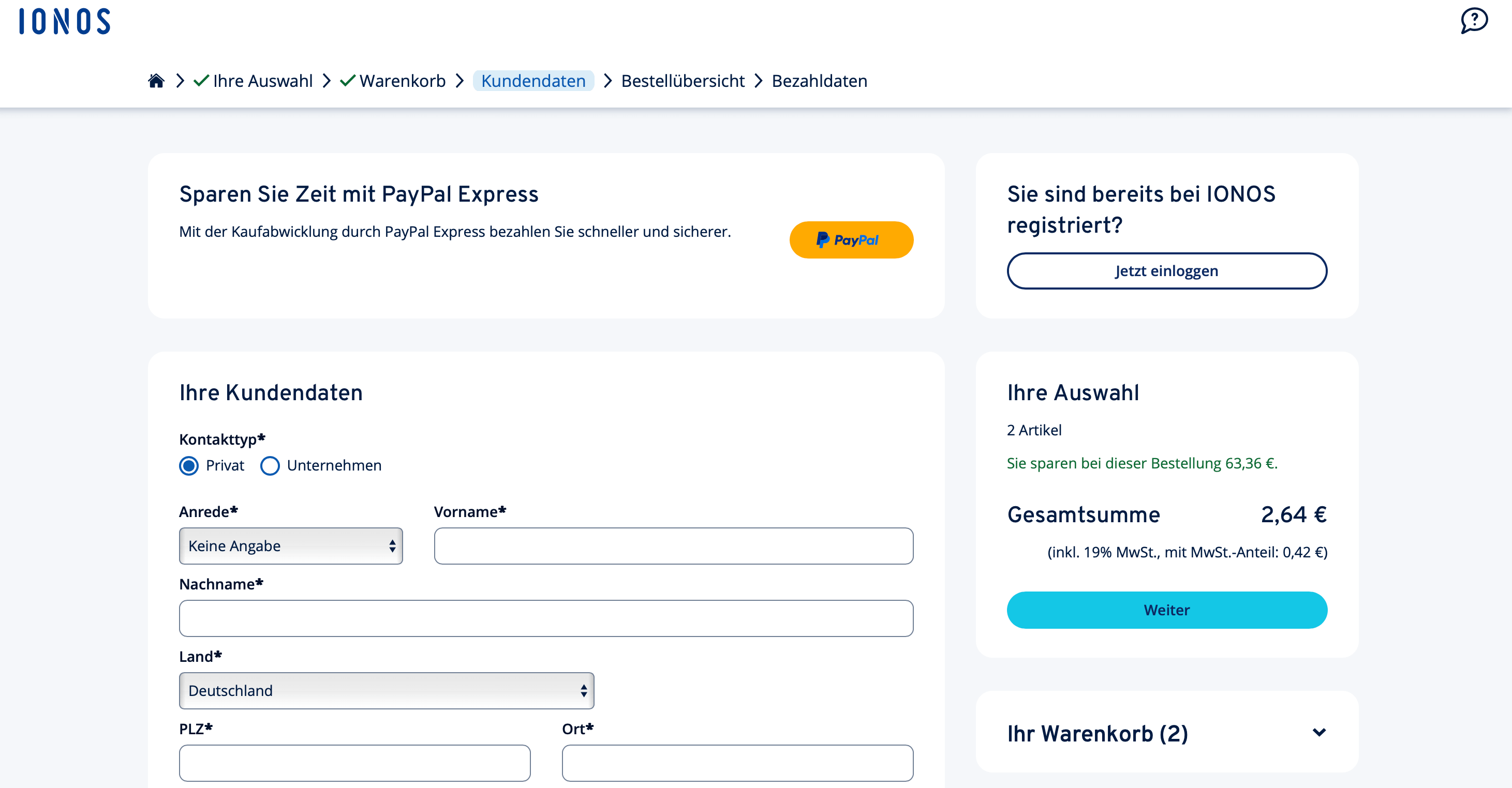 Screenshot der Registrierung bei IONOS Bild: Screenshot der Registrierung bei IONOS