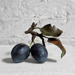 Porcelain Double Damson with Two Leaves on Twig