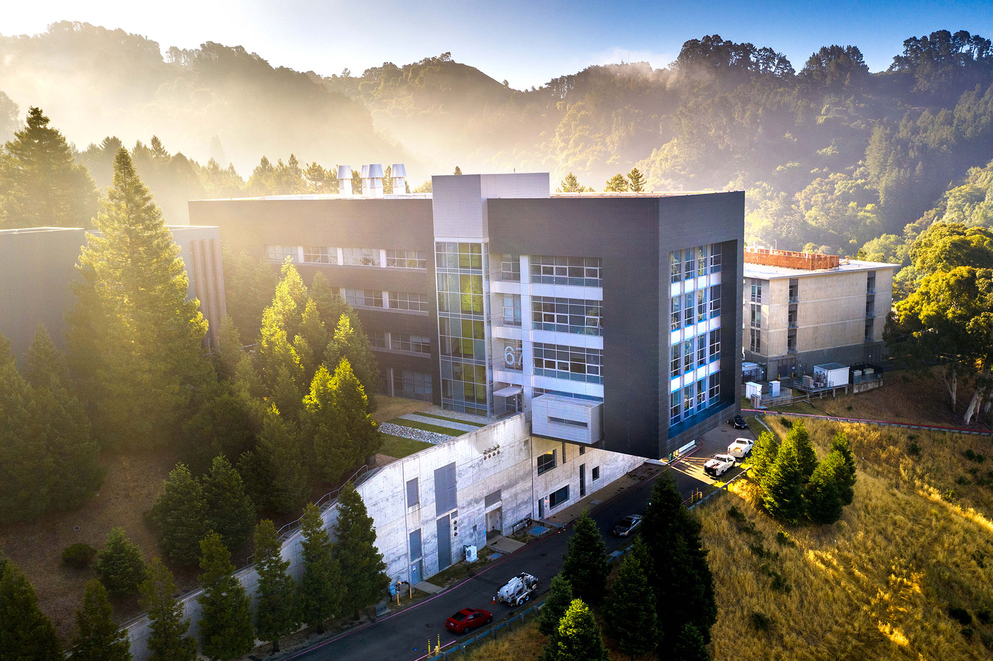 Molecular Foundry surrounded by morning fog.