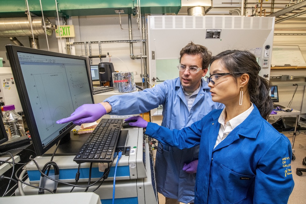 Two scientists pointing at a screen in the lab.