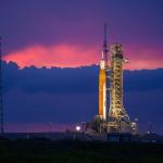 NASA’s Space Launch System (SLS) rocket with the Orion spacecraft aboard is seen atop the mobile launcher at Launch 39B at NASA’s Kennedy Space Center in Florida.