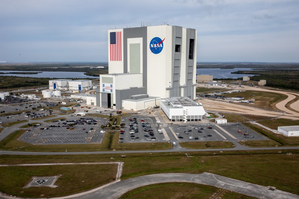 An aerial view of the Vehicle Assembly Building at Kennedy Space Center in Florida.