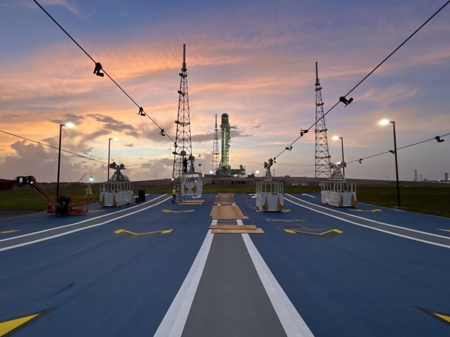 Image shows egress baskets that will transport astronauts and personnel from the crew access arm to the launch pad in case of an emergency