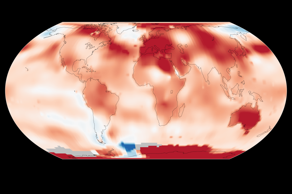 This map shows global temperature anomalies in 2024.