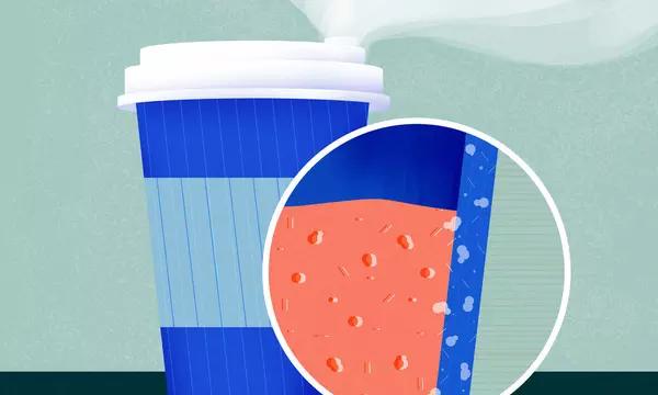 Illustration shows coffee cup with magnified section showing plastic particles.