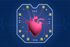 An illustrated anatomically correct human heart sits inside of a microchip, with its valves connecting to the microchip sensors.