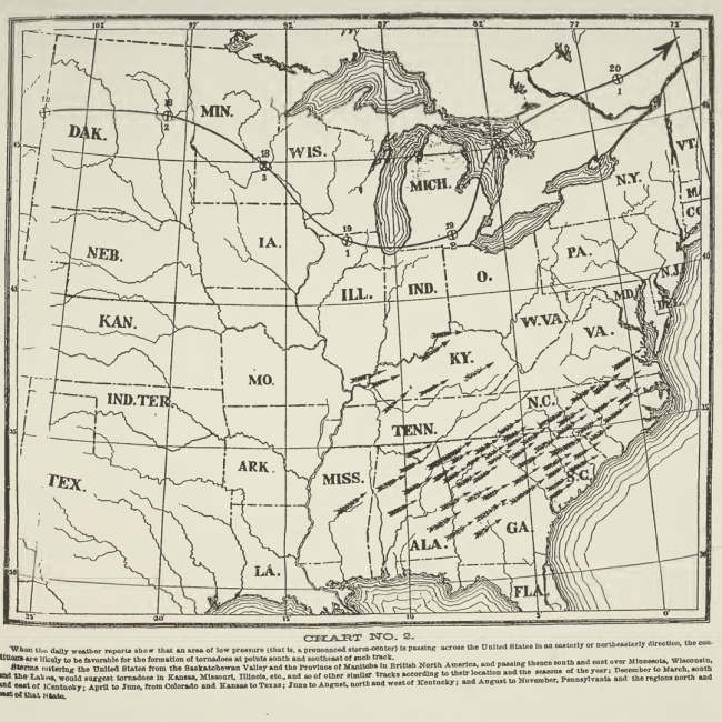 A map from John P. Finley’s booklet, “Tornadoes. What they are and how to observe them; with practical suggestions for the protection of life and property.” showing the path of the Enigma outbreak of tornadoes on February 19, 1884. The path winds through the Northern states of the U.S.