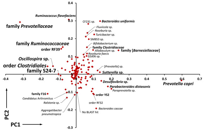 Contribution of individual OTUs to the variation between GM profiles.