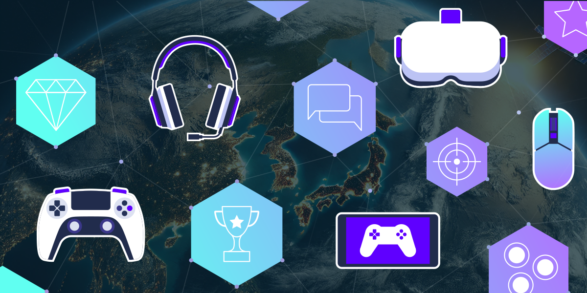 Abstract illustration of video game icons layered over a rendering of eastern asia region of earth