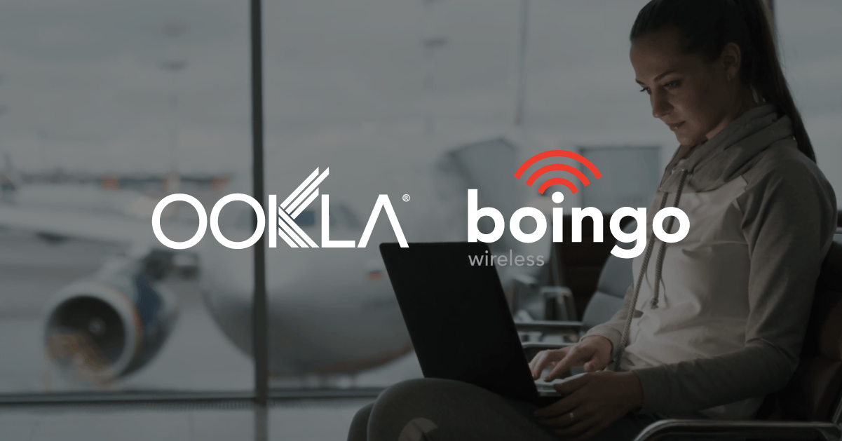 ookla and boingo logos on top of airport setting