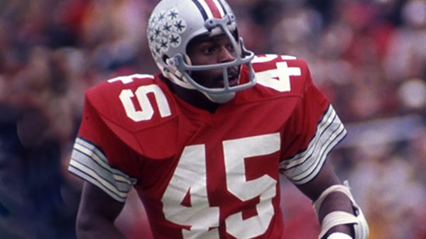 A photo of Archie Griffin in a 45 jersey and helmet from his days playing college football at Ohio State