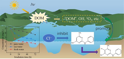 Image depicting photodegradation of pesticide in aqueous environments and graph of increasing degradation with time.