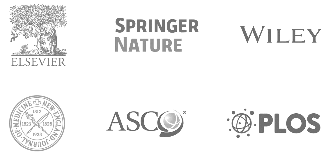 Research solutions partners, Elsevier, Springer Nature, Plos, New england journal of medicine, American Society of Clinical Oncology