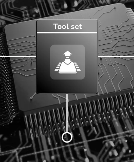 A digital interface displays a "Tool set" option, featuring an icon of a package being lifted on a platform. The background consists of a circuit board, emphasizing a technological theme. The layout suggests user interaction with tools related to a software or hardware environment.