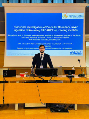 Dr Hussain Abid co-chairing a technical session on propeller noise and presenting his work on high-resolution modelling of installed propeller noise