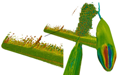 Jet, wake, and trailing vortex features of the complex installed jet flow configuration from the GPU-accelerated Large Eddy Simulation: instantaneous vorticity magnitude coloured by the stream-wise vorticity component and a zoomed-in image of the flow in the vicinity of the flap side edge