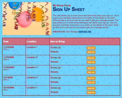 Birthday party celebration sign up sheet